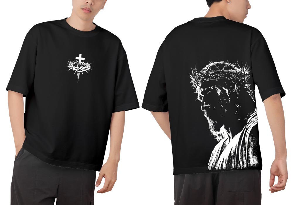 Oversized black Christian Jesus Crown of Thorns T-Shirt 240 GSM cotton